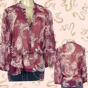 New York & Company M Sheer Majenta Abstract Floral V-Neck 3/4 Sleeve Blouse